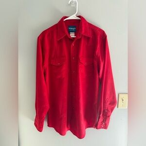 VTG Wrangler Western Pearl Snap Shirt Collared Red Logo Dressy See Measurements